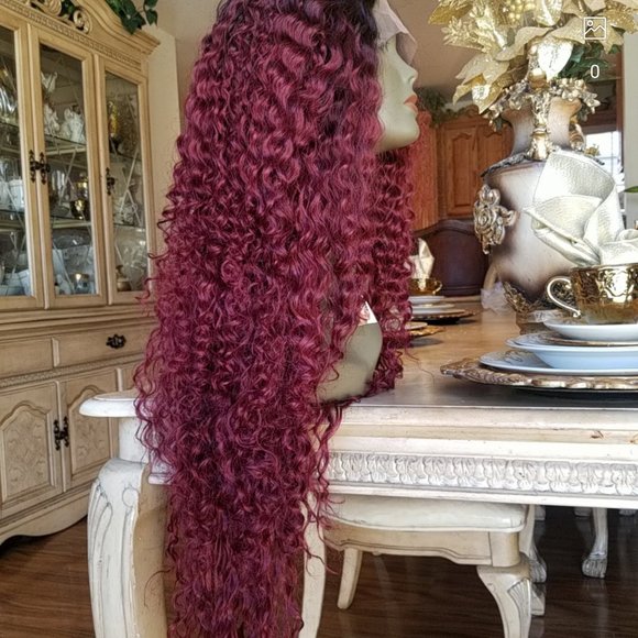 Ombre Black Burgundy Curly Lace Front Wig main image 5